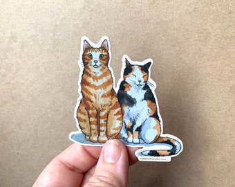 Cat Couple Sticker, Tabby and Calico Cat Art Illustration, Vinyl Decal Sticker, 3inch, FREE SHIPPING