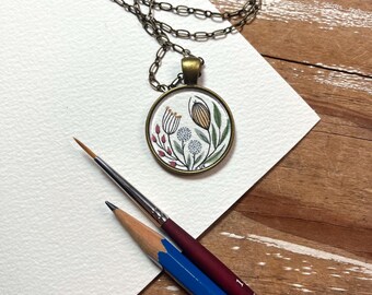 Vintage Florals Hand Painted Necklace, Original Watercolor Painting, Flower Painting Inspired by Vintage Fabric