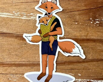Mr Fox, Babywearing Dad Sticker, Daddy Fox Illustration, Vinyl Sticker, 3inch, FREE SHIPPING