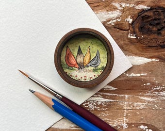 Chicken Art, Original Watercolor Miniature Box Painting with Magnet, Chicken Lover Gifts, Chicken Magnet