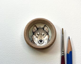 Miniature Painting, Wolf Art, Original Tiny Watercolor Painting with hanger and magnet