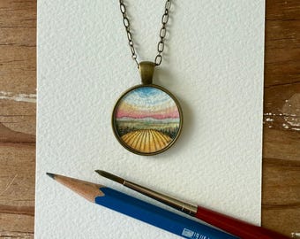 Vineyard with Sunset and Gold, Mini Landscape Painting, Watercolor Hand Painted Necklace, Original Art Pendant