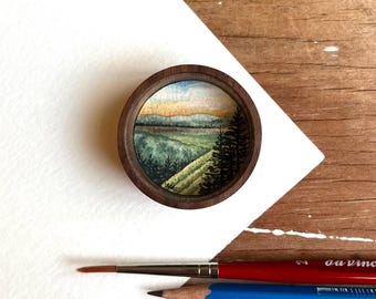 Vineyard Landscape Painting, Original Watercolor Miniature Box Painting with Magnet, Sunset Wine Country Art