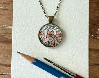 Hand Painted Necklace, Dusty Pink Vintage Florals, Original Watercolor Painting, Wildflowers, Wearable Art