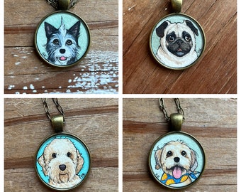 Custom Dog Portrait Hand Painted Pet Portrait Necklace, Personalized Jewelry, Original Watercolor Miniature Painting, Pet Memorial Gift