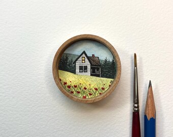 Miniature Painting, Old Farm House, Original Tiny Watercolor Painting with hanger and magnet