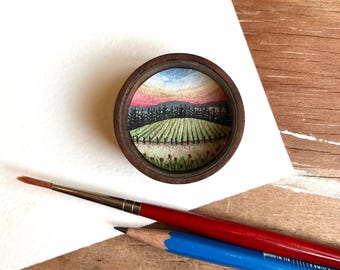 Vineyard Landscape Painting, Original Watercolor Miniature Box Painting with Magnet, Sunset Wine Country Art