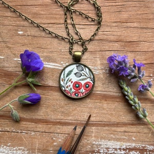 Red Poppies Painting, Hand Painted Necklace, Vintage Florals, Original Watercolor Painting, Wildflowers, Wearable Art