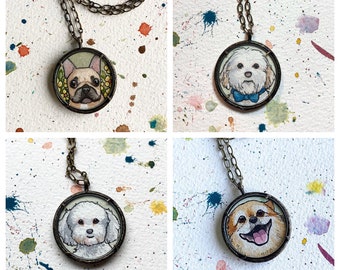 Custom Dog Portrait Hand Painted Pet Portrait Necklace, Personalized Jewelry, Original Watercolor Miniature Painting, Pet Memorial Gift