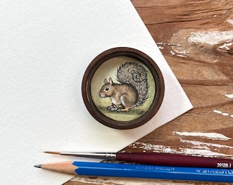 Squirrel Art, Original Watercolor Miniature Box Painting with Magnet, Woodland Squirrel Magnet