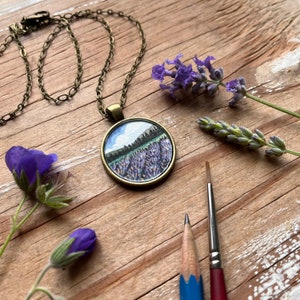 Hand Painted Necklace, Lavender Field Landscape Painting, Original Watercolor Art, Wearable Art image 2