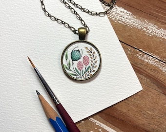 Vintage Florals Hand Painted Necklace, Original Watercolor Painting, Flower Painting Inspired by Vintage Fabric