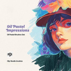 Puede incluir: Una ilustración digital de una mujer con cabello azul que lleva un sombrero adornado con flores coloridas. La mujer está mirando al espectador. El fondo es de color azul claro con un efecto texturizado. El texto "Oil Pastel Impressions" y "Oil Pastel Brushes Set" es visible en la imagen. El logotipo de Clip Studio también es visible en la imagen.
