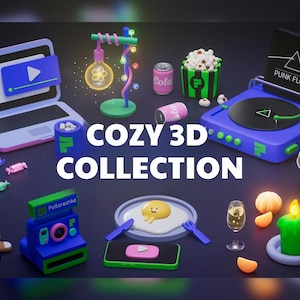 Könnte beinhalten: Eine 3D-Darstellung einer gemütlichen Sammlung mit einem Laptop, einem Kaktus, einer Leuchte, einer Limonadendose, Popcorn, einem Plattenspieler, einem Weinglas, einer Kerze und anderen Gegenständen. Der Text "COZY 3D COLLECTION" wird angezeigt.