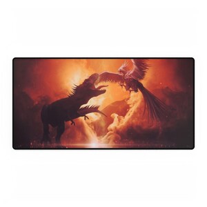 May include: Rectangular desk mat featuring a dramatic fantasy scene. A silhouetted dinosaur faces off against a white and red phoenix against a fiery, cloudy background. The mat has a black border.