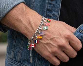 Silver Flag Charm Bracelet | Travel Lover Bracelet, Country Charm Jewelry, Vacation Keepsake Gift