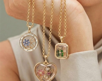 Personalized Birthstone Necklace, Custom Floating Charm Necklace, Gold Memory Locket Pendant, Birthstone Jewelry Gift for Mom, Wife