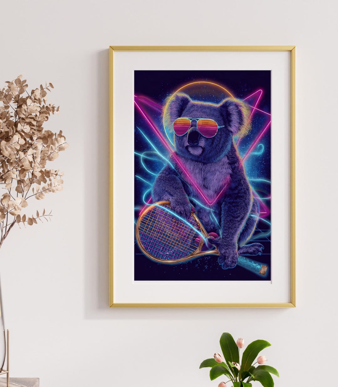Koala With Racket Digital Wall Art, Neon Synthwave Animal Poster, Retro ...