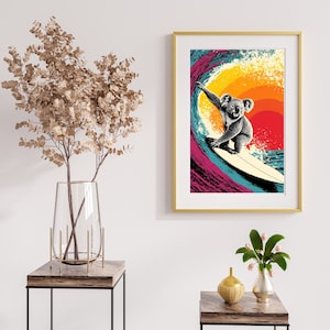 Australia Down Under Surfer Koala Wall Art - Minimalist Iconic Australia Animal Retro Surfing Printable Home Decor