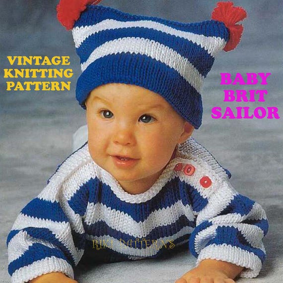 Vintage Baby Striped Sweater Knitting Pattern PDF Brit Sailor Pom