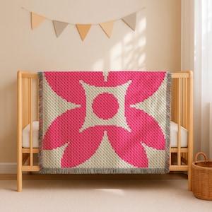 C2C Pink Flower Beige Blanket Crochet PATTERN Beginner Corner-to-Corner Floral Throw 90x90 Squares Afghan Botanical Crib Instant Download