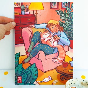 Chatouiller · Fille avec illustration de chat · Impression numérique de salon confortable · Chat orange · Imprimer A5 · Illustration confortable