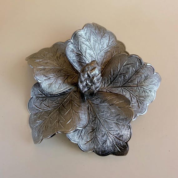 Vintage Brushed Silver Tone Magnolia Leaf Brooch