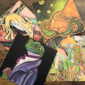 Tarjetas de felicitación con impresiones artísticas, arte surrealista/fantástico. Impresión artística/tarjeta original. Rana/hada/pulpo. Amantes del arte extraño, regalo único