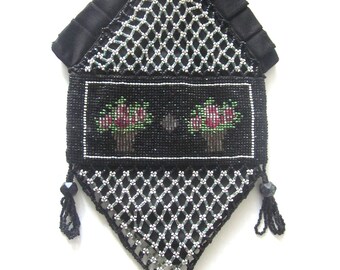 Vintage Beaded Purse Black Clutch Floral Bag Wristlet