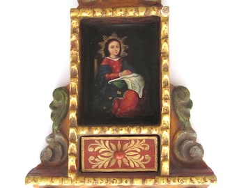 Religious Art Retablo Wood Shrine Miniature Oil Painting of Virgin Mary