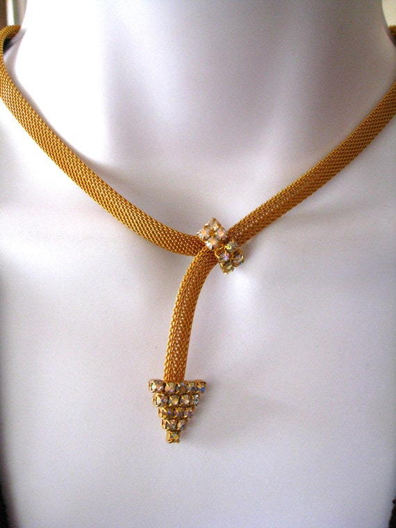 Vintage Rhinestone and Mesh Lariat Necklace