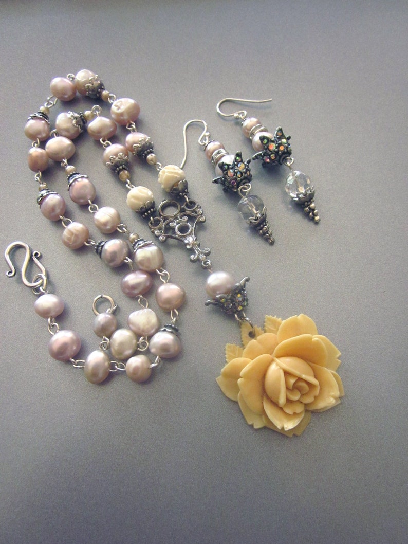 Pearl Assemblage Necklace Set Earrings Carved Rose Fresh Water Pearls Bridal Jewelry Set