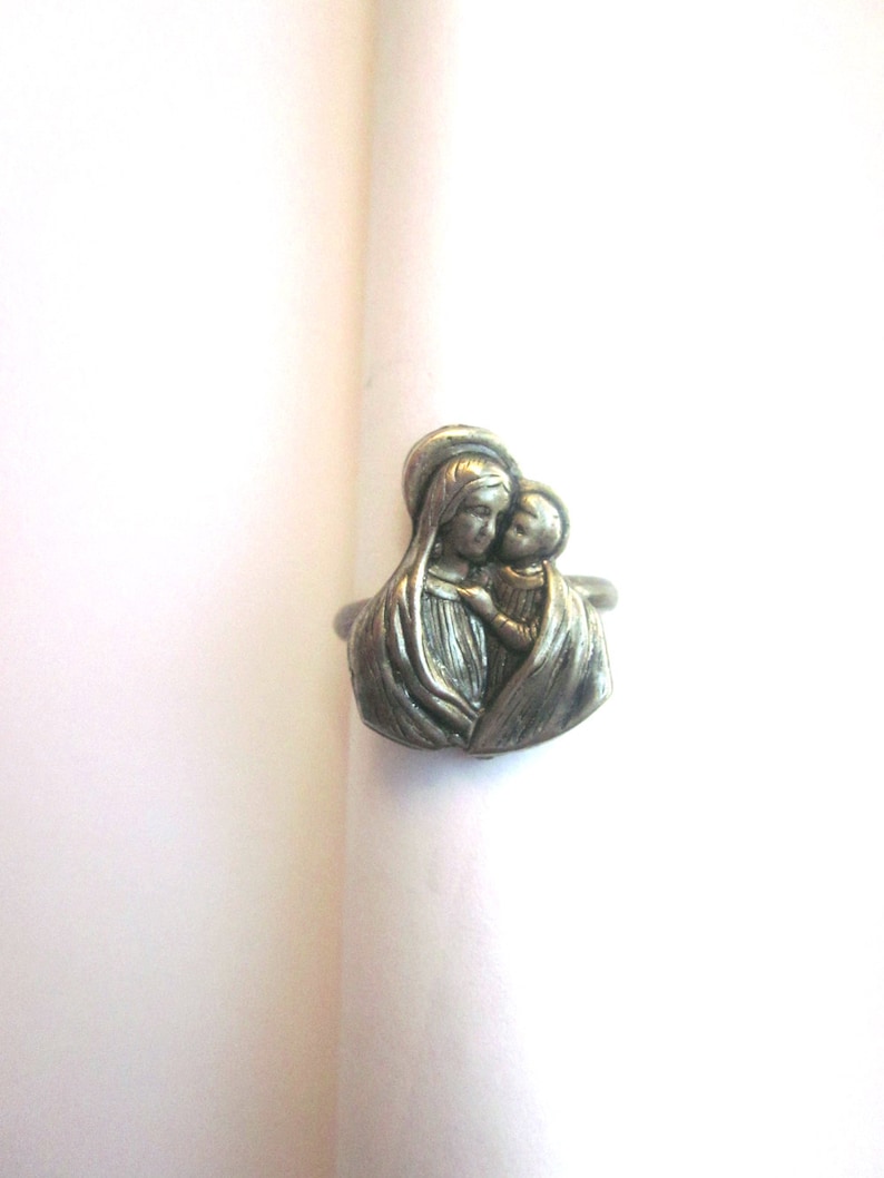 Vintage Religious Ring Mary and Child Adjustable Ring Band