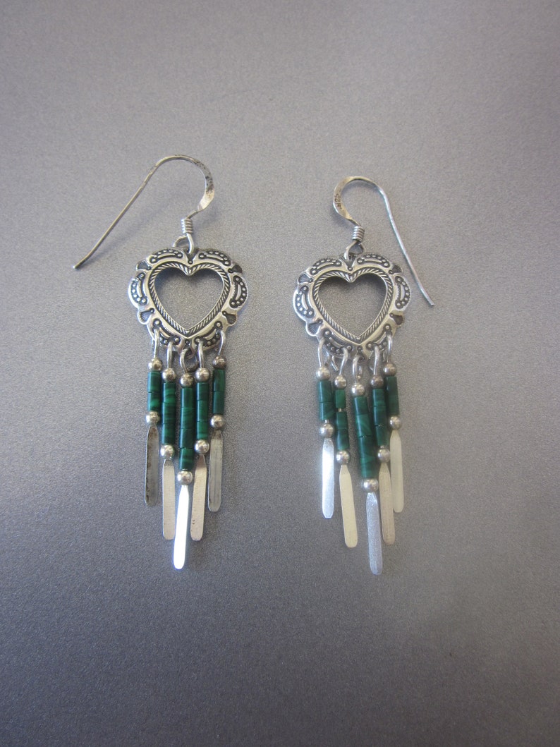 Sterling Silver Heart Dangle Earrings Malachite image 2