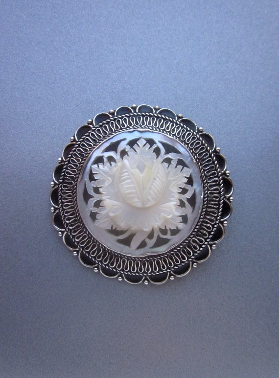 Sterling Silver Carved Mother of Pearl Vintage Bro