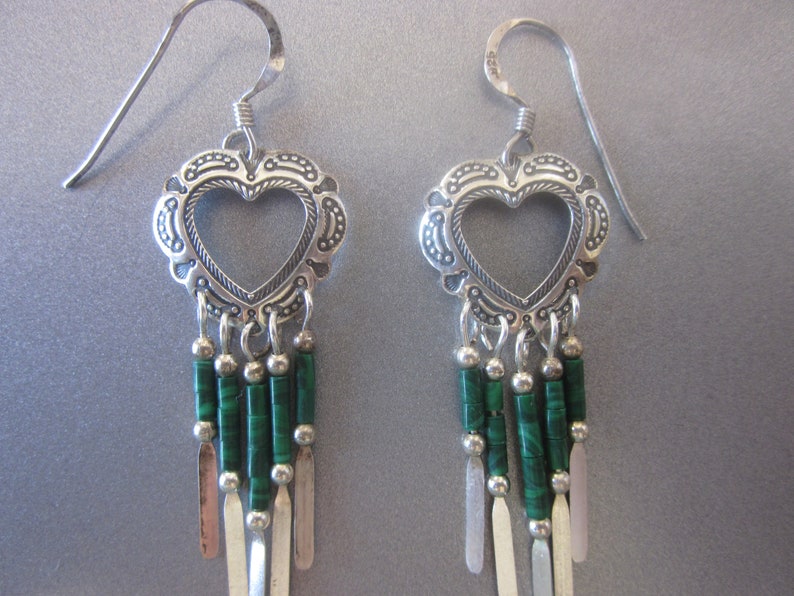 Sterling Silver Heart Dangle Earrings Malachite image 3