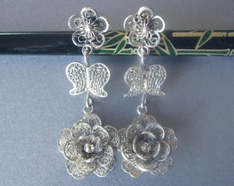 Vintage Silver Floral Filigree Dangle Earrings Screw Back