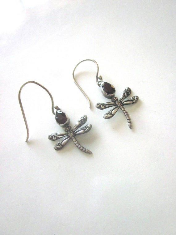 Sterling Silver Garnet Dragonfly Earrings