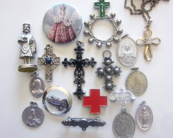 Religious Vintage Medals Lot Cross Pendant Necklace