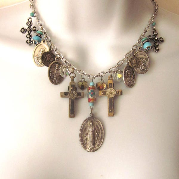 Religious Medals Charm Assemblage Necklace Vintage Medals Crosses Blue stone Beads