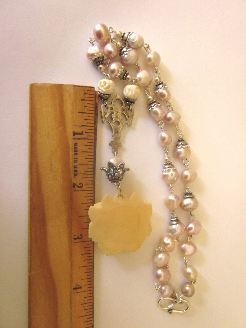 Pearl Assemblage Necklace Set Earrings Carved Rose Fresh Water Pearls Bridal Jewelry Set