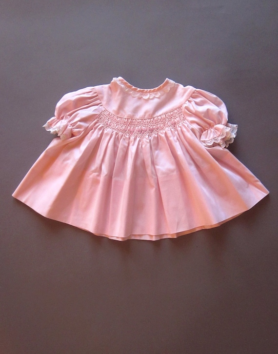 Vintage Pink Smocked Baby Dress Lace Shirt Handmad