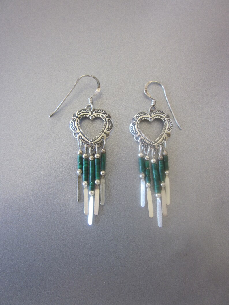 Sterling Silver Heart Dangle Earrings Malachite image 1