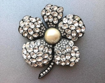 Large Rhinestone Floral Brooch Pearl Crystals