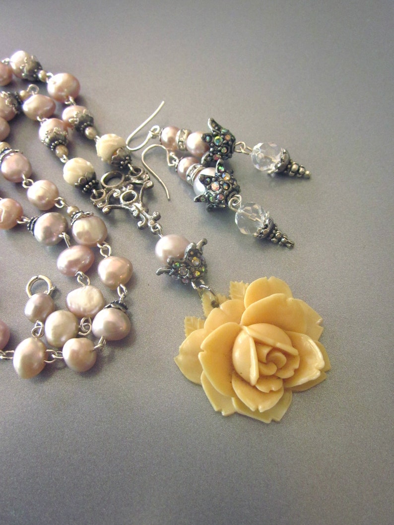 Pearl Assemblage Necklace Set Earrings Carved Rose Fresh Water Pearls Bridal Jewelry Set