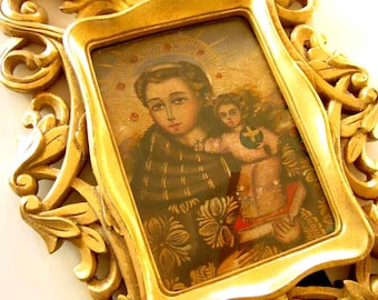 Antique Religious Oil Painting Saint Anthony with Jesus