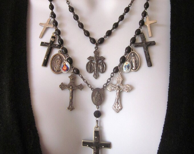 Religious Assemblage Charm Necklace Vintage Medals and Crosses Etsy
