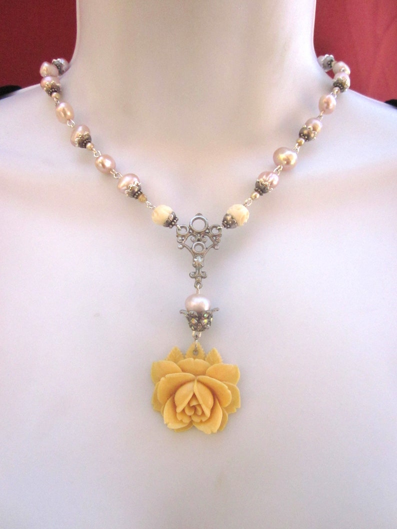 Pearl Assemblage Necklace Set Earrings Carved Rose Fresh Water Pearls Bridal Jewelry Set