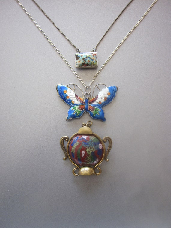 Vintage Jewelry Lot Cloisonne Butterfly Pendant