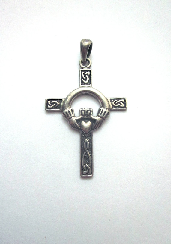 Sterling Celtic Claddagh Cross Pendant 925 Unisex… - image 1